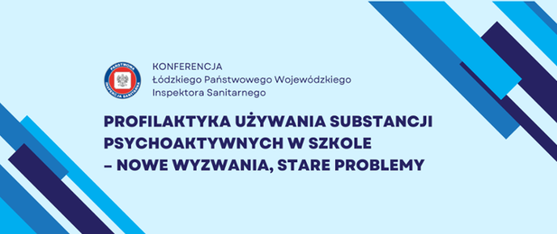 Granatowy napis na niebieskim tle: Profilaktyka używania substancji psychoaktywnych w szkole - nowe wyzwania, stare problemy, logo Inspekcji Sanitarnej 