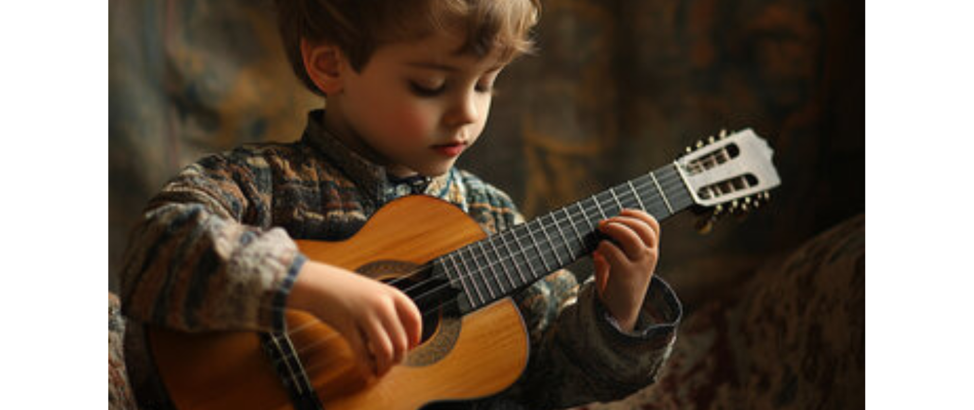 Zdjęcie przedstawia siedzącego małego chłopca grającego na gitarze. Chłopiec ubrany jest w koszulę w kratkę i spodnie jeansowe.