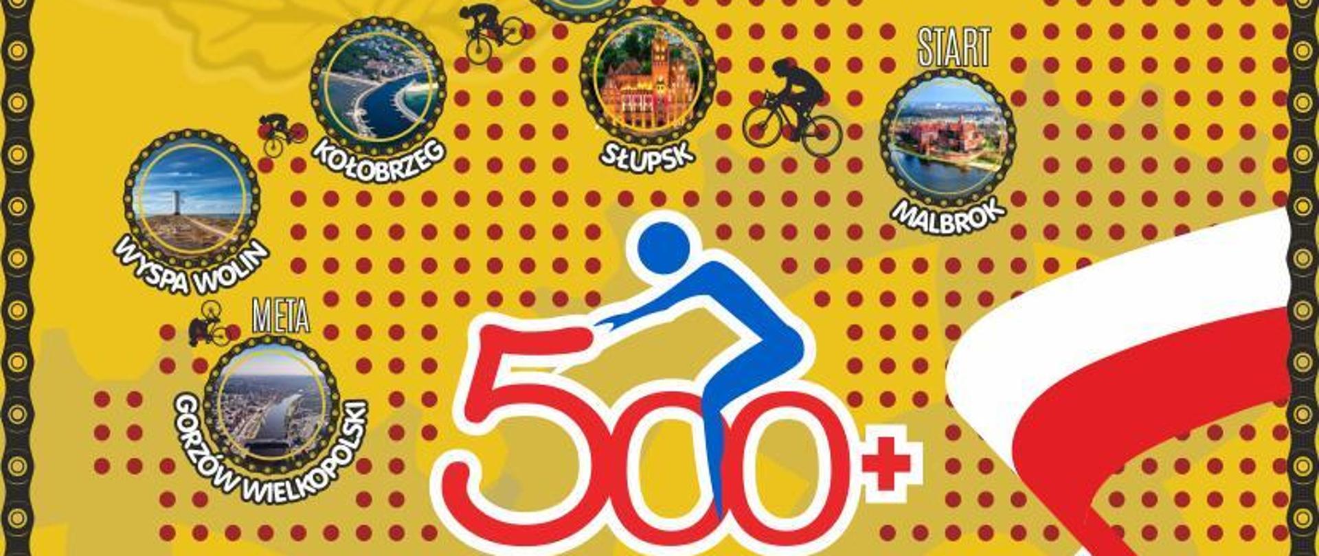Plakat przedstawiający informacje na temat strażackiego rajdu rowerowego "500 kilometrów +"