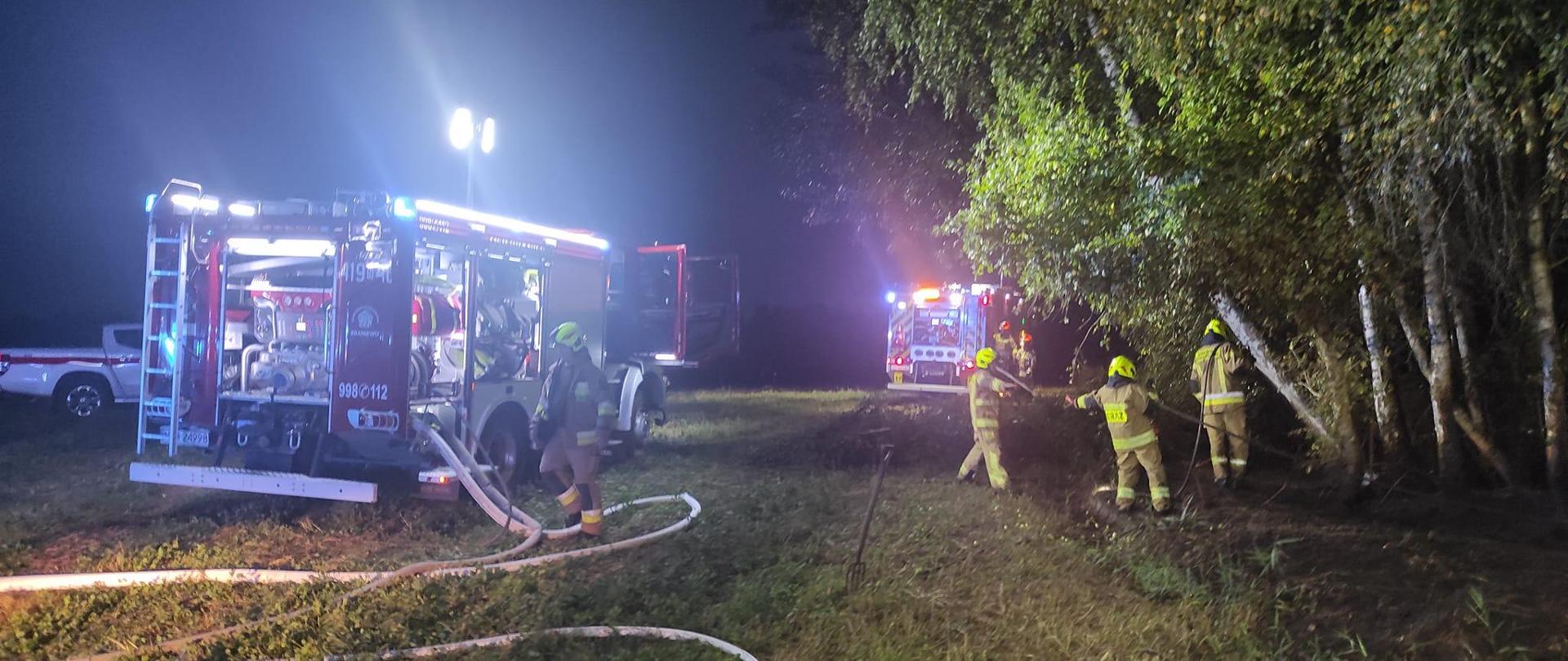 Zdjęcie zrobione nocą. Z lewej strony samochody strażackie, oświetlają teren akcji. Z prawej strażacy gaszą poszycie leśne.