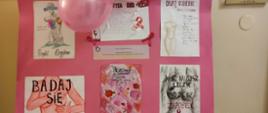 Na górze zdjęcia znajdują się balony. Pod nimi na różowym tle prace plastyczne dotyczące badania piersi. 