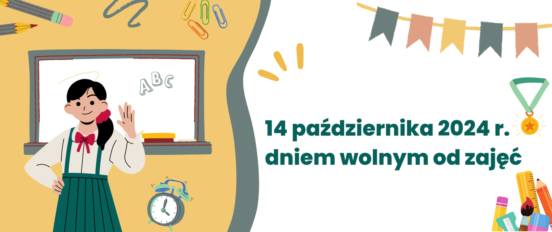 Baner z grafiką nauczyciela stojącego przy tablicy i napisem: "14 października 2024 r. dniem wolnym od zajęć"