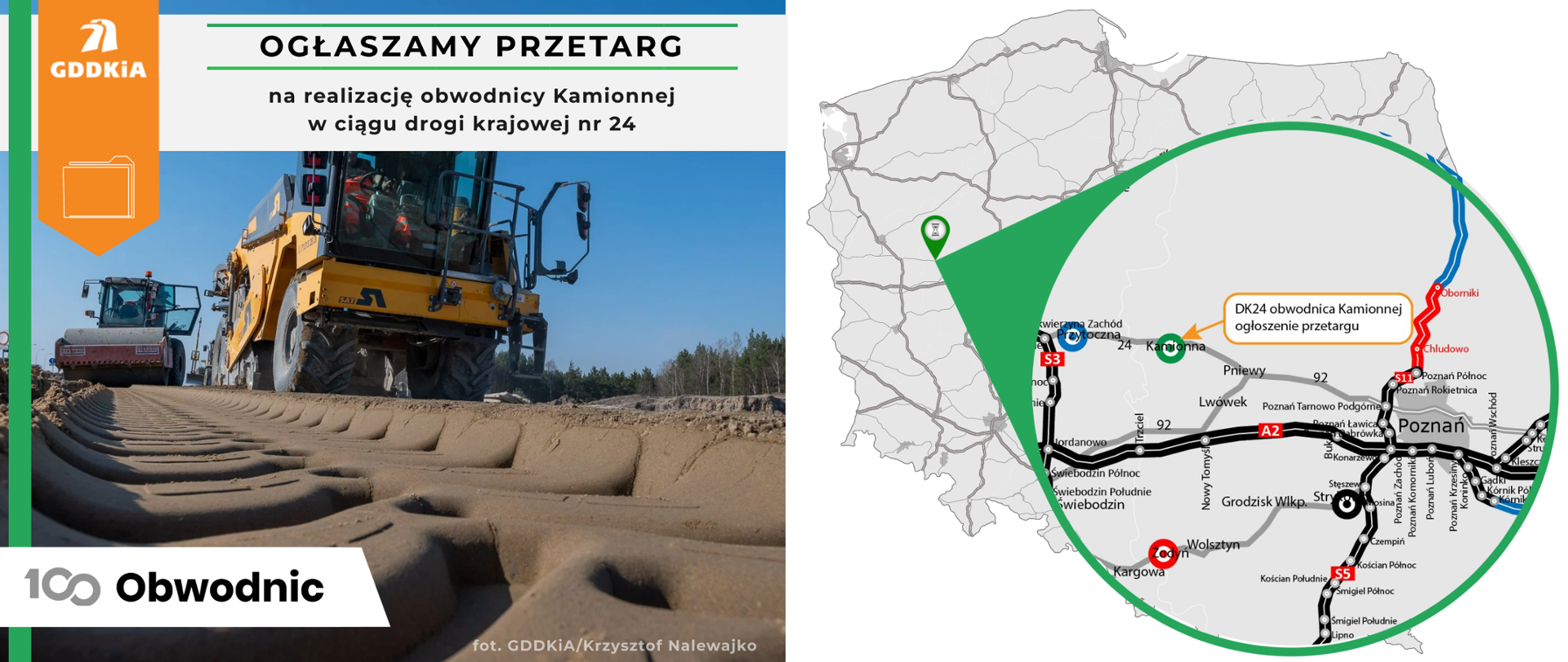 Na zdjęciu widzimy duży, żółty pojazd budowlany na placu budowy z widocznymi śladami opon w gruncie. Nad pojazdem znajduje się tekst w języku polskim: “Ogłaszamy przetarg na realizację obwodnicy Kamionnej w ciągu drogi krajowej nr 24”. W tle widoczne są logotypy związane z GDDKiA. Po prawej stronie grafiki znajduje się mapa przedstawiająca fragment Polski z zaznaczonym odcinkiem obwodnicy.