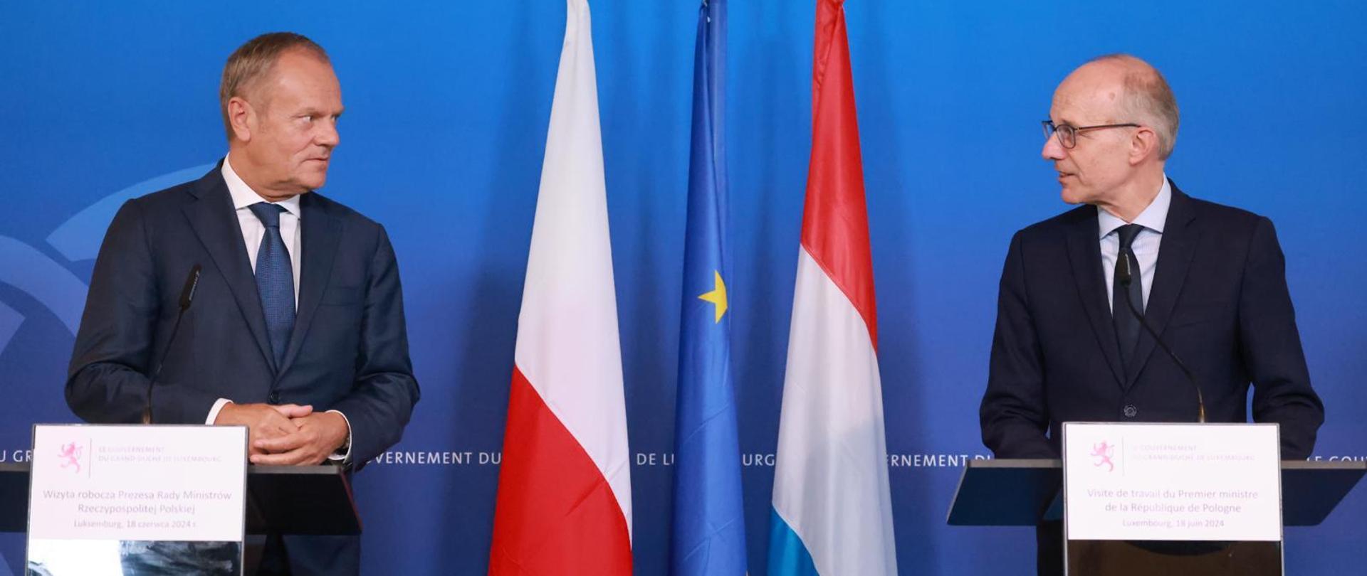 Premier Donald Tusk i Premier Luksemburga Luc Frieden podczas wspólnego oświadczenia dla mediów.