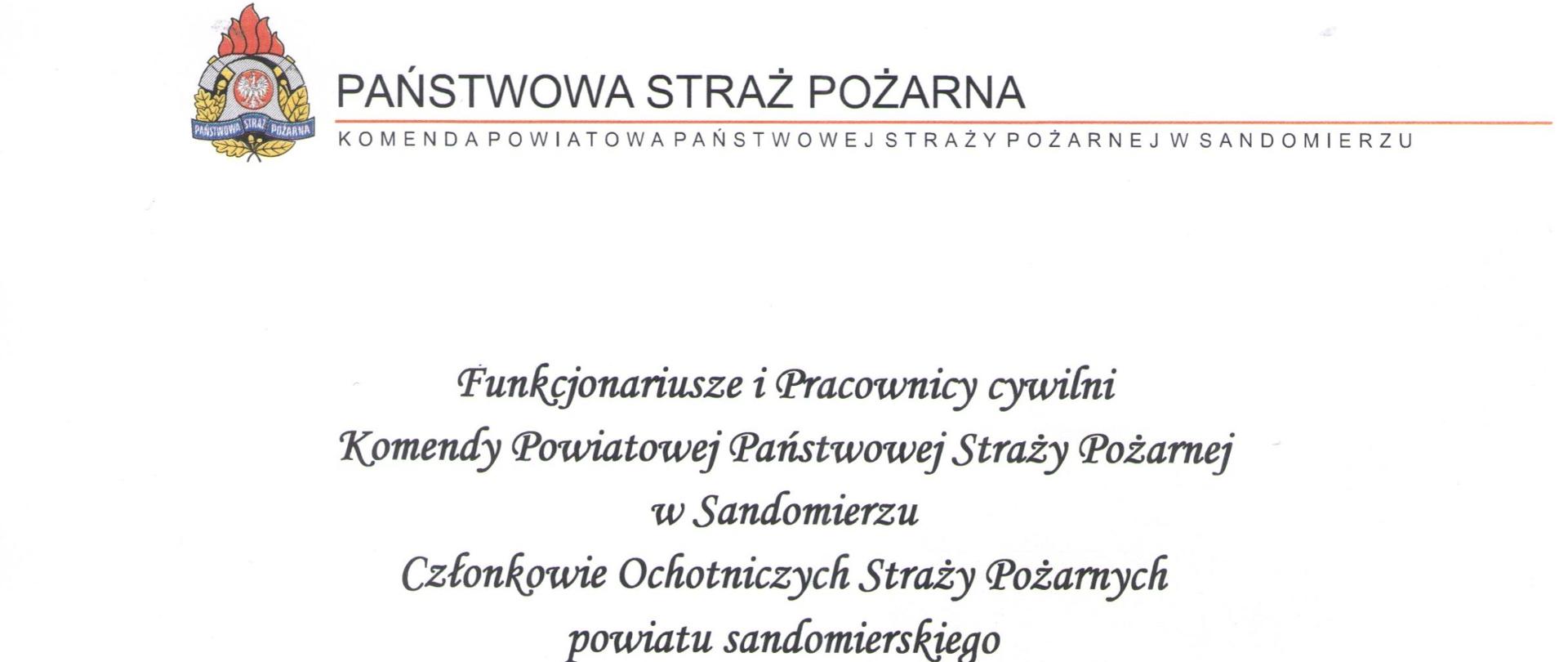 logo psp Komendant Powiatowy PSP funkcjonariusze i pracownicy cywilni komendy powiatowej państwowej straży pożarnej w sandomierzu, członkowie ochotniczych straży pożarnych powiatu sandomierskiego