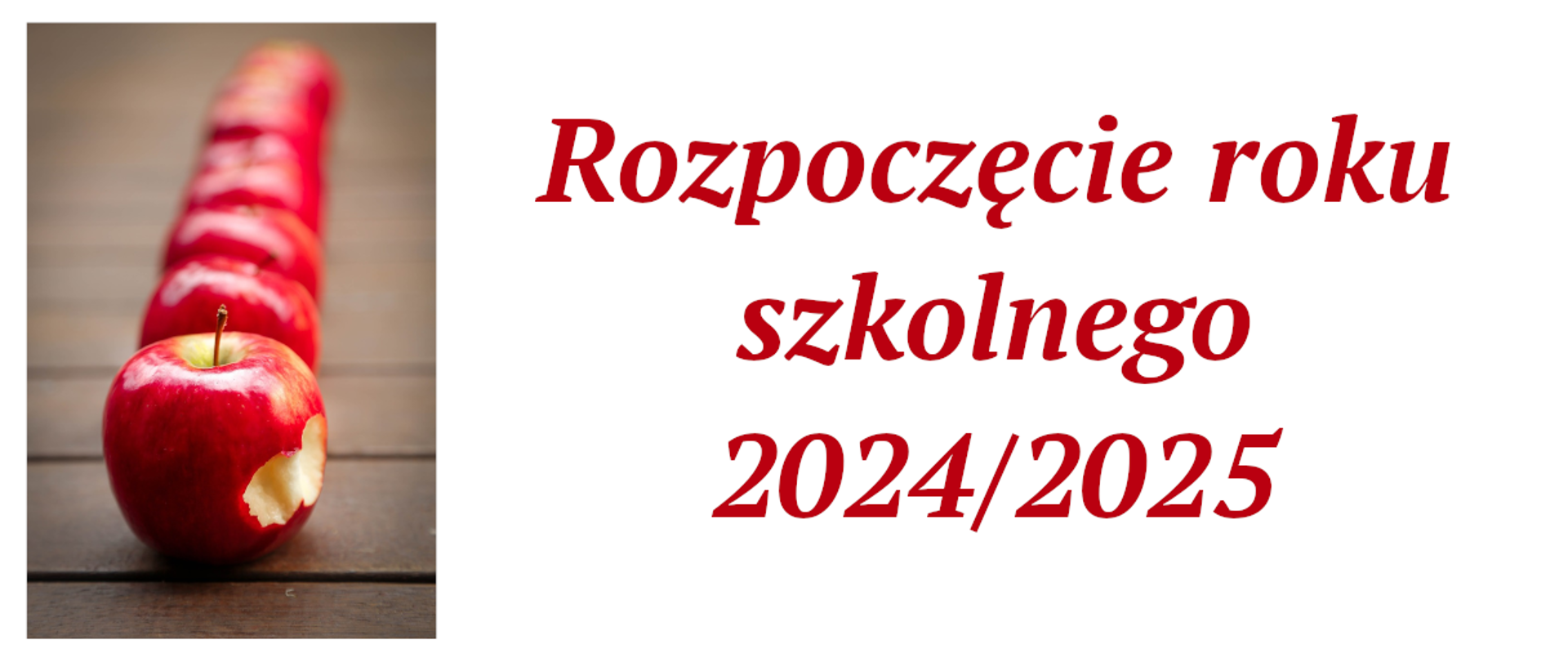 Na jasnym tle napis rozpoczęcie roku szkolnego 2024/2025 w lewej części fotografia czerwonych jabłek ustawionych w rzędzie