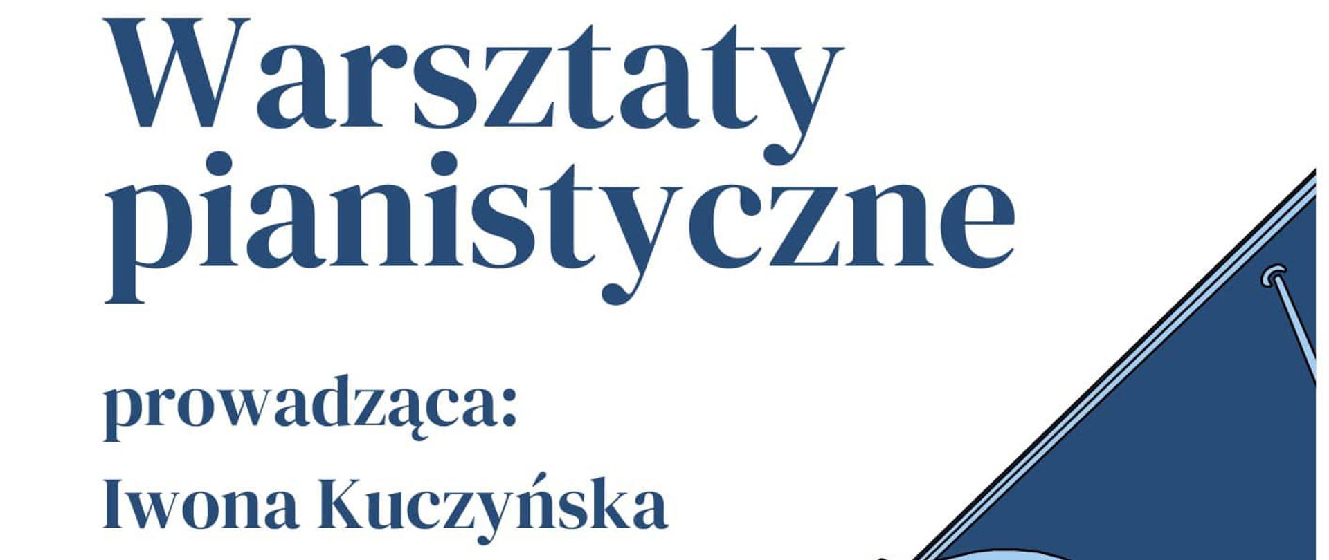 Informacja o warsztatach pianistycznych, po lewej grafika fortepianu, wszystko na białym tle