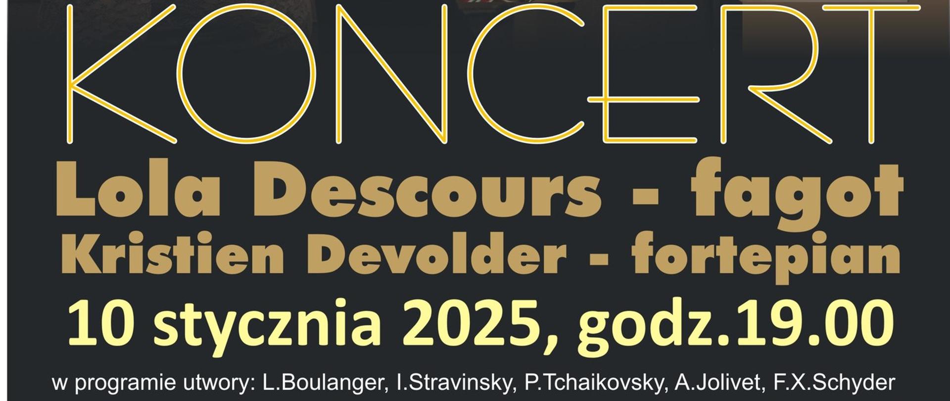 Koncert Lola Descours (fagot) i Kristien Devolder (fortepian) w programie: L. Boulanger, I. Stravinsky, P. Tchaikovsky, A. Jolivet, F.X. Schyder. Wstęp wolny, koncerty w ramach 9. Ogólnopolskiego Festiwalu Fagotowego 2025.