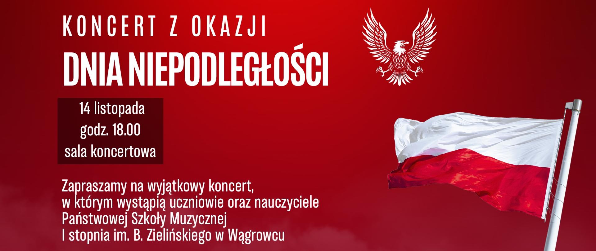 Na banerze reklamowym w kolorze czerwonym znajdują się informacje dotyczące koncertu w dniu 14 listopada 2024 o godz 18:00