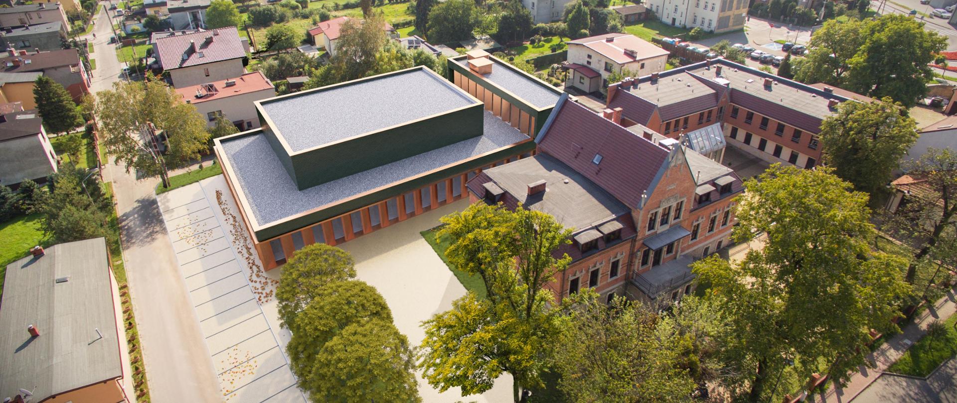 Wizualizacja budynku szkoły muzycznej, sali koncertowej oraz otoczenia z lotu ptaka.