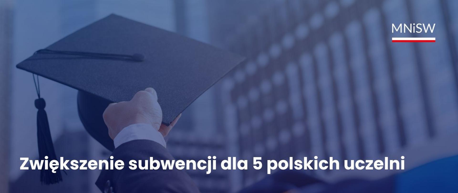 Grafika - na niebieskim tle ręka trzymająca studencką czapkę i napis Zwiększenie subwencji dla 5 polskich uczelni.