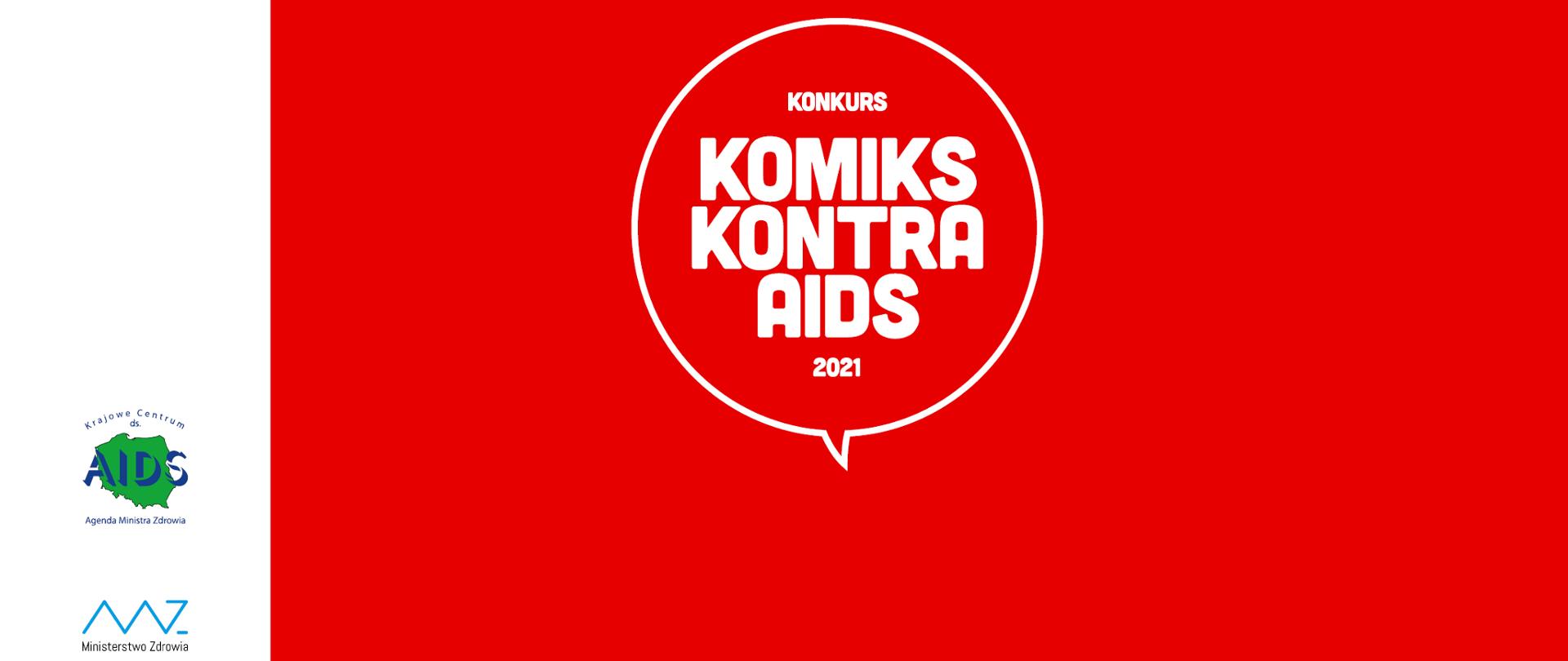 Na grafice znajduje się biały napis: KONKURS KOMIKS KONTRA AIDS 2021, który umieszczony jest w centrum na czerwonym tle. Po lewej stronie grafiki na białym tle widnieją loga Krajowego Centrum ds. AIDS oraz Ministerstwa Zdrowia.