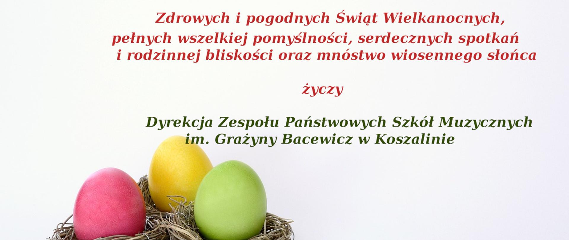 pisanki w kolorach: zielonym, żółtym i różowym oraz życzenia na stronie