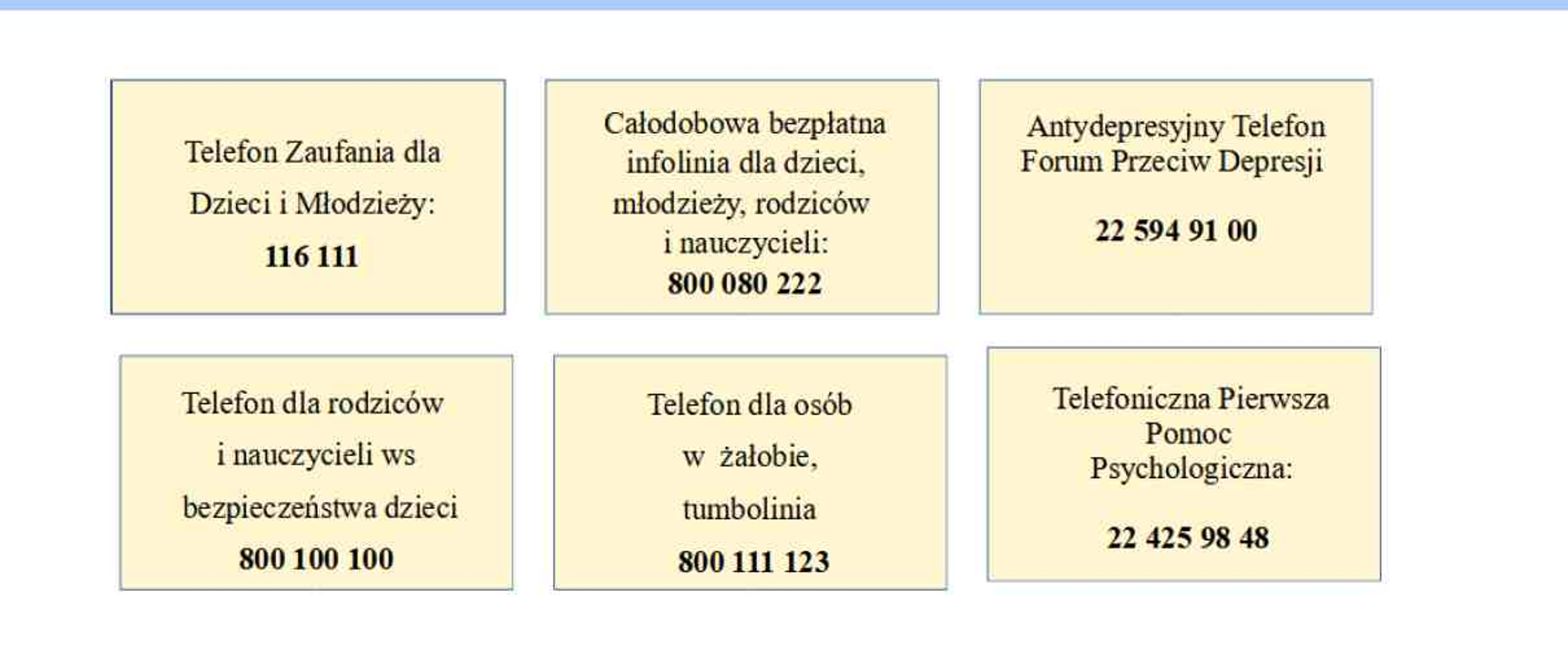 Na zdjęciu widnieją numery telefonów zaufania dla dzieci i młodzieży.