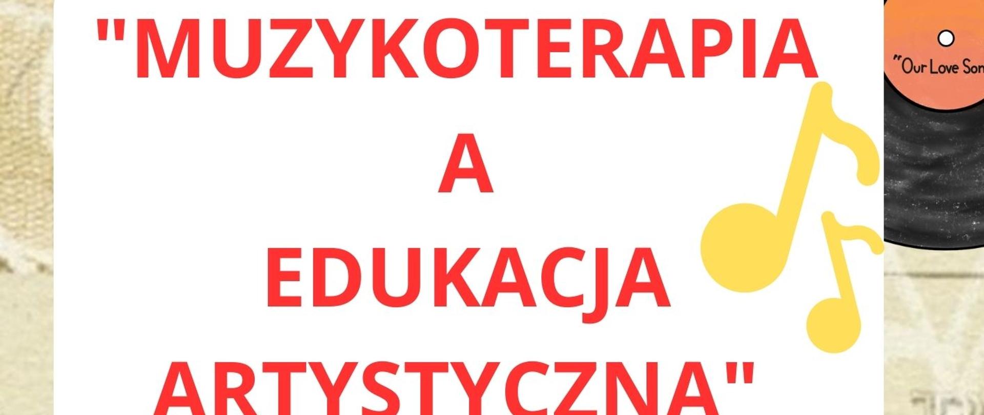 Plakat n awykład ,,Muzykoterapia a Edukacja Artystyczna" 23.02.2023r. – wykład p. Natalii Belak naucz. klasy akordeonu. Na białym tle u góry plakatu czerwony napis dużymi czerwonymi literami z tytułem spotkania, poniżej napis z niebieski literami , datą, godziną i miejscem spotkania . W prawym górnym rogu złote nutki. Pod niebieskim napisem dwie rozmawiające ze sobą kobiety na zielonych fotelach. W lewym dolnym rogu gramofon, obok nazwisko i imię nauczyciela przeprowadzającego wykład.