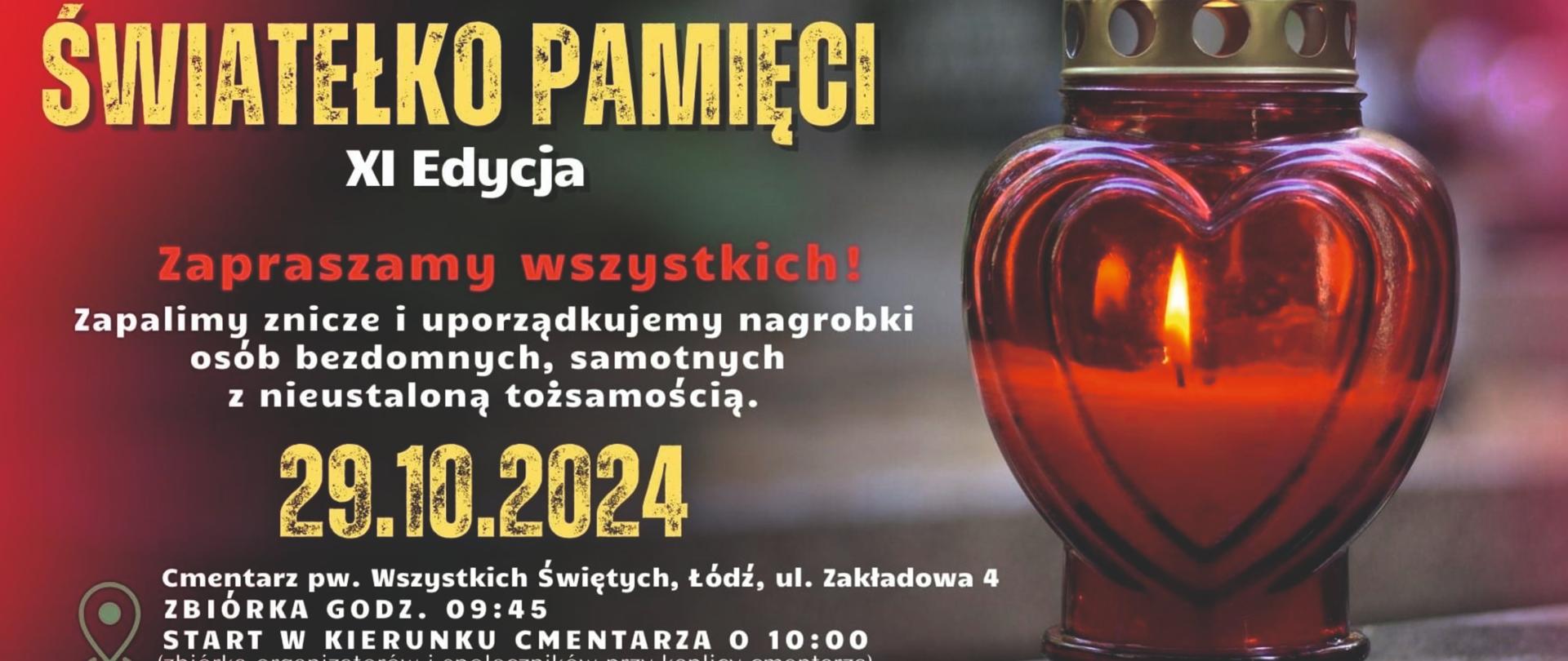 Zaproszenie na XI edycję Światełka Pamięci, które odbędzie się 29 października 2024 r., o godzinie 10:00 