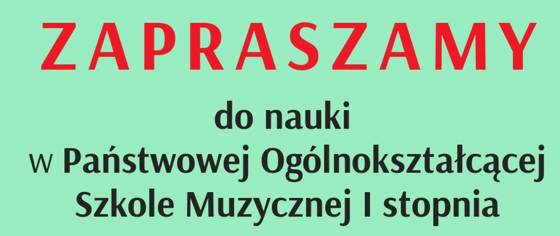 Zielone tło, po lewej logo szkoły, tekst informujący o rekrutacji do POSM I st.