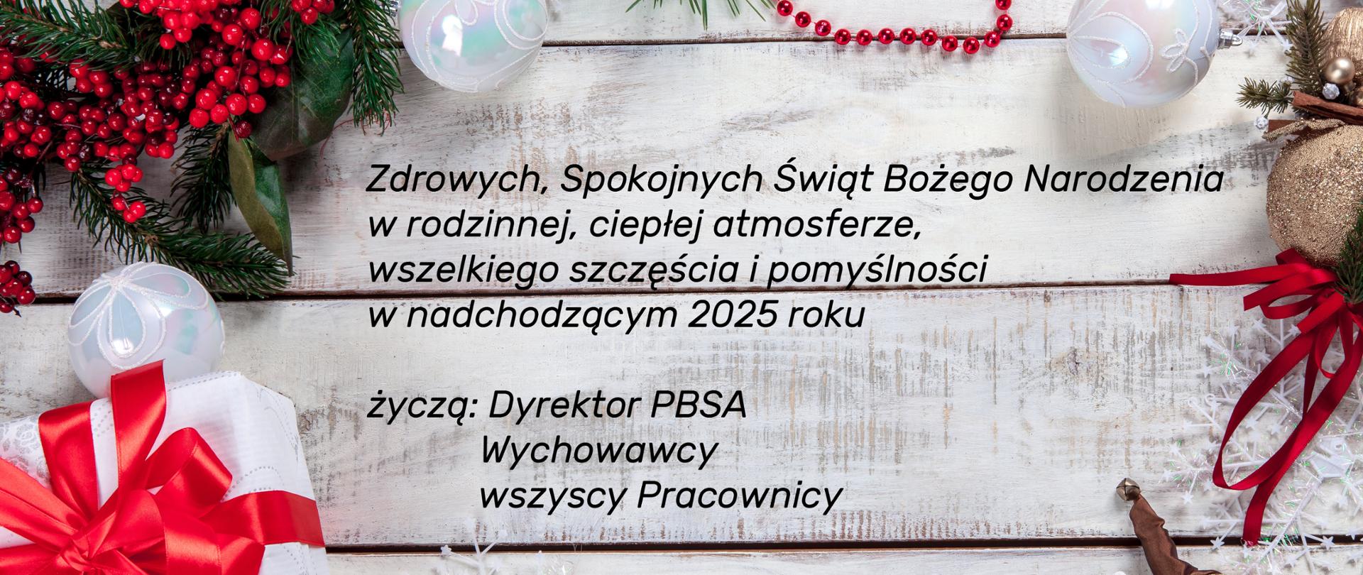 Kartka świąteczna ozdobiona dekoracjami z życzeniami od pracowników PBSA we Wrocławiu na Święta Bożego Narodzenie i Nowy 2025 Rok.