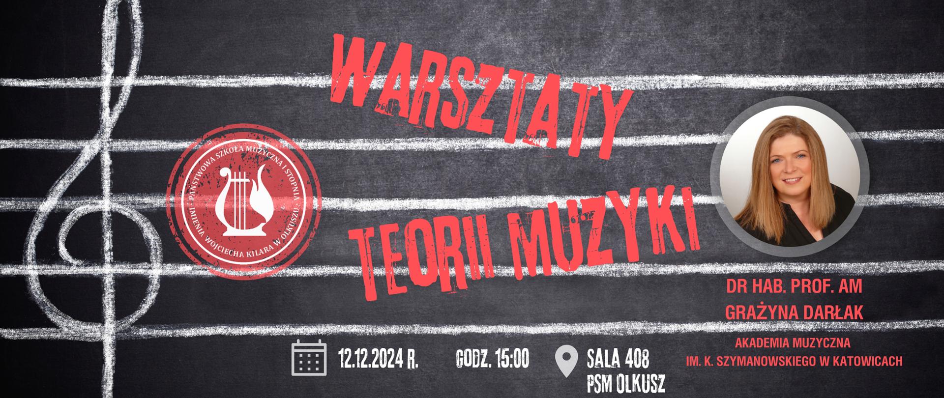 czarne tło, pięciolinia z kluczem wiolinowym narysowana kredą, z prawej zdjęcie prowadzącej warsztaty, czerwone i białe napisy