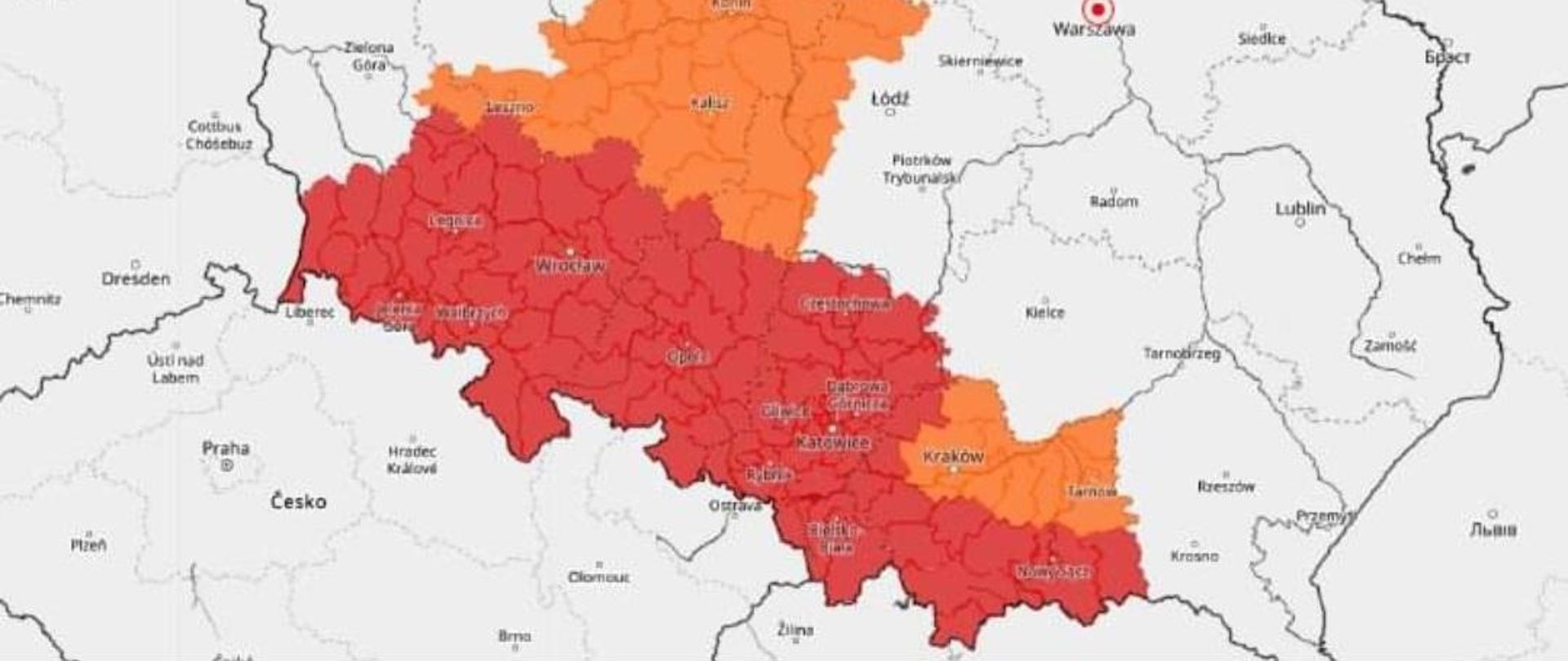 Mapa Polski z zaznaczonymi miejscami z ostrzeżeniami meteorologicznymi