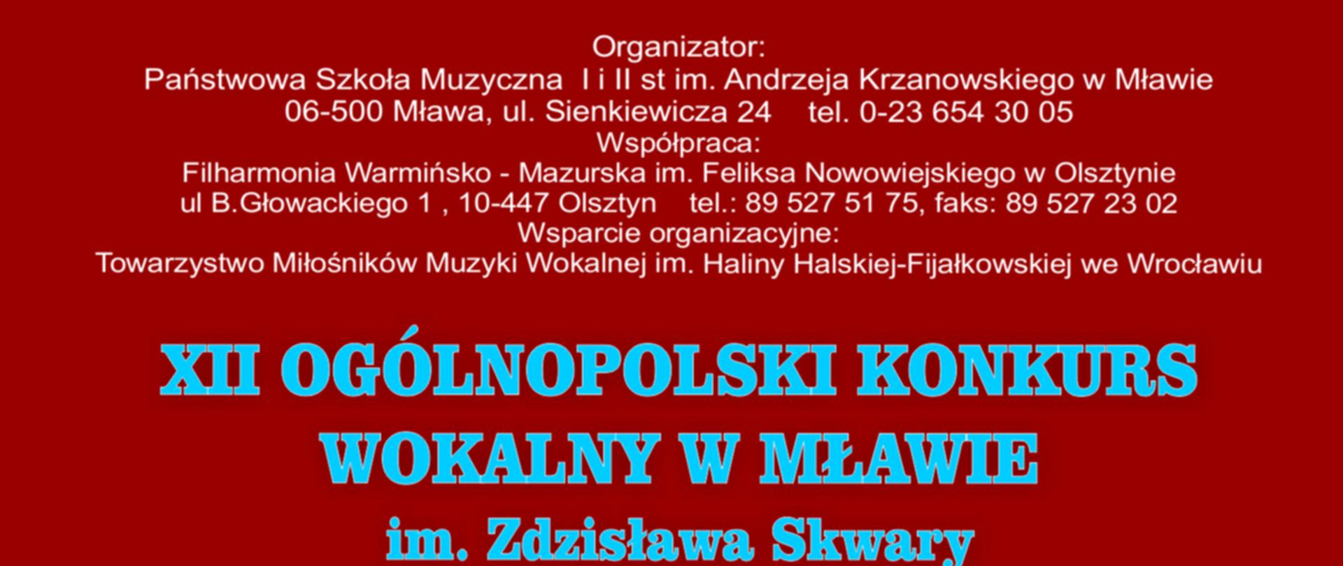 Plakat na czerwonym tle informujący o harmonogramie Ogólnopolskiego Konkursu Wokalnego w Mławie