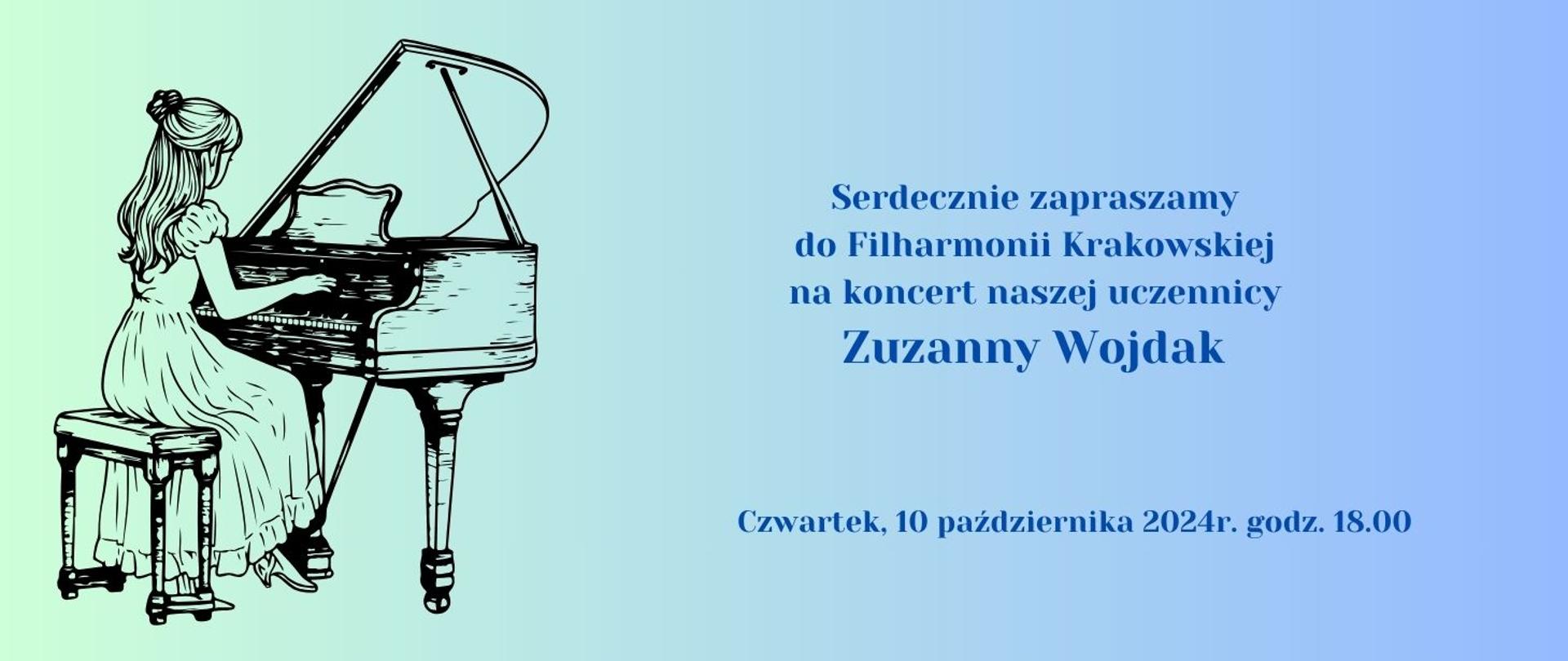 Koncert Zuzanny Wojdak 10.10.2024 godz.18.00 plakat niebieski obrazek dziewczynki grającej na fortepianie