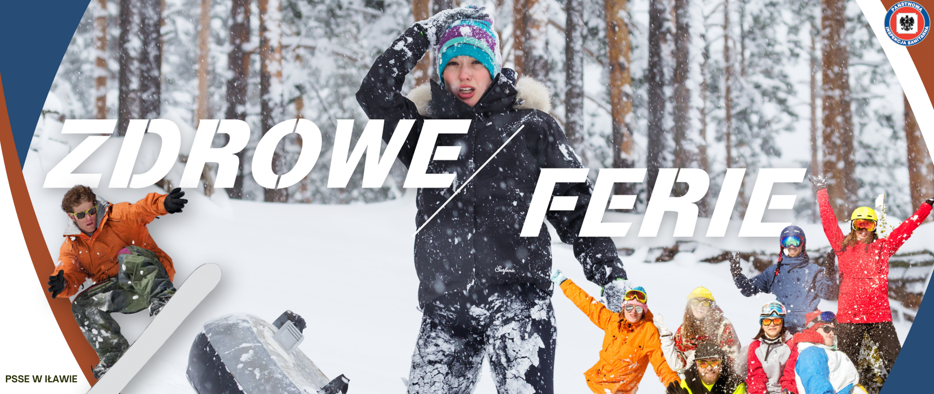 Zimowa scena. Na środku dziecko w zimowej kurtce i czapce otoczone padającym śniegiem. Po lewej stronie widać osobę w pomarańczowej kurtce na desce snowbordowej. Po prawej stronie grupka uśmiechniętych dzieci w kolorowych kurtkach i kaskach. W tle ośnieżony las.