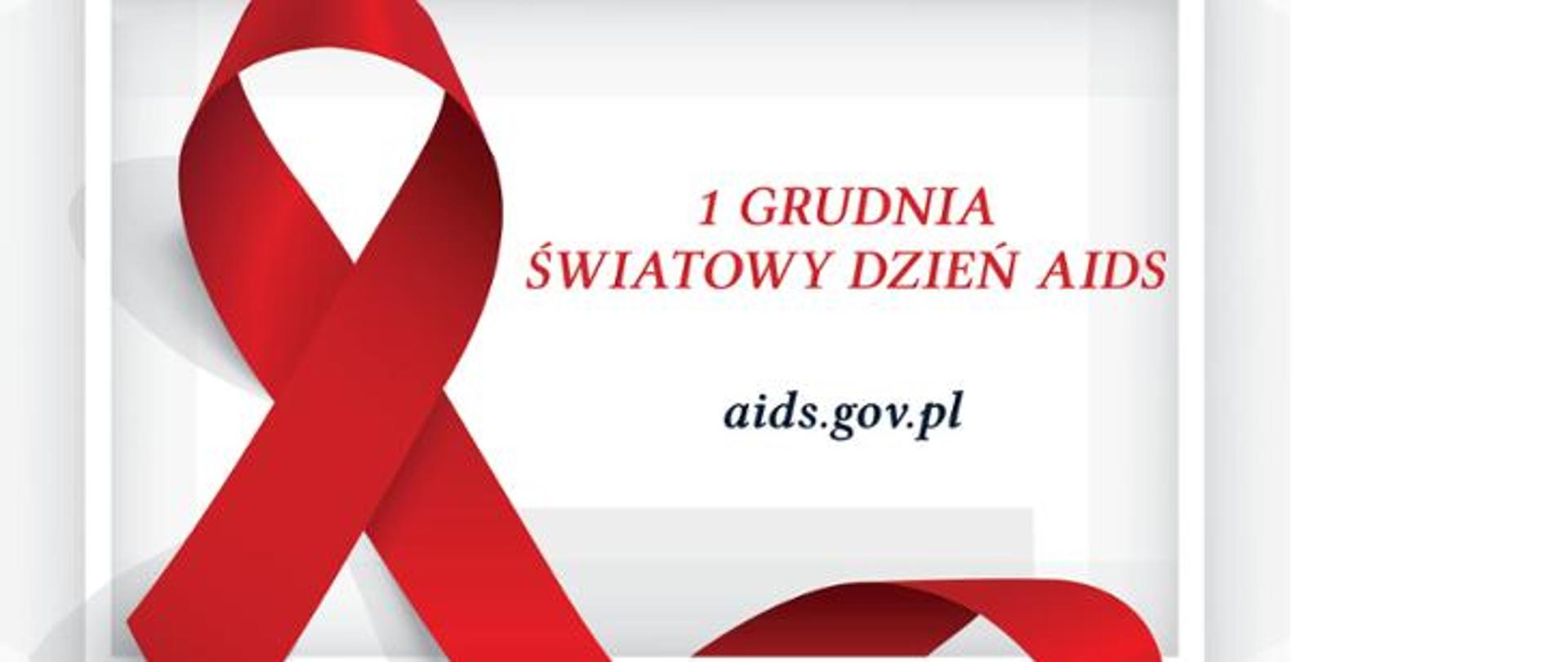 czerwona wstążeczka i napis 1 grudnia Światowy dzień AIDS