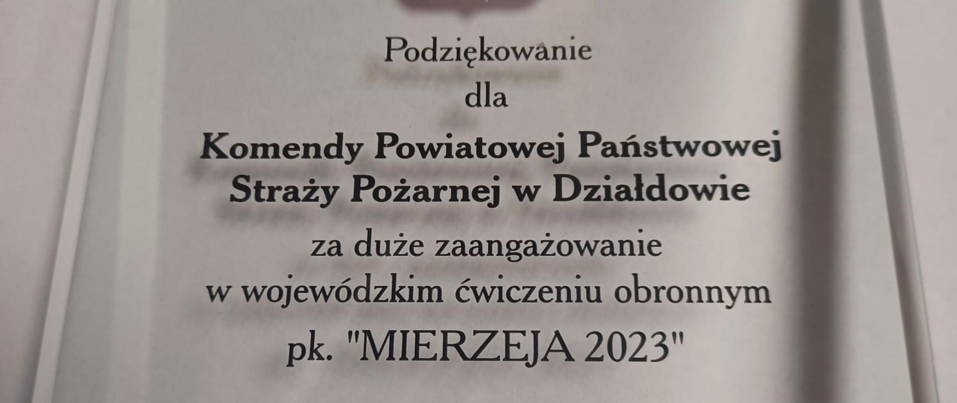 Podziękowania dla KP PSP Działdowo za duże zaangażowanie w wojewódzkim ćwiczeniu obronnym pk. MIERZEJA 2023