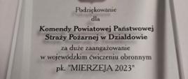 Podziękowania dla KP PSP Działdowo za duże zaangażowanie w wojewódzkim ćwiczeniu obronnym pk. MIERZEJA 2023