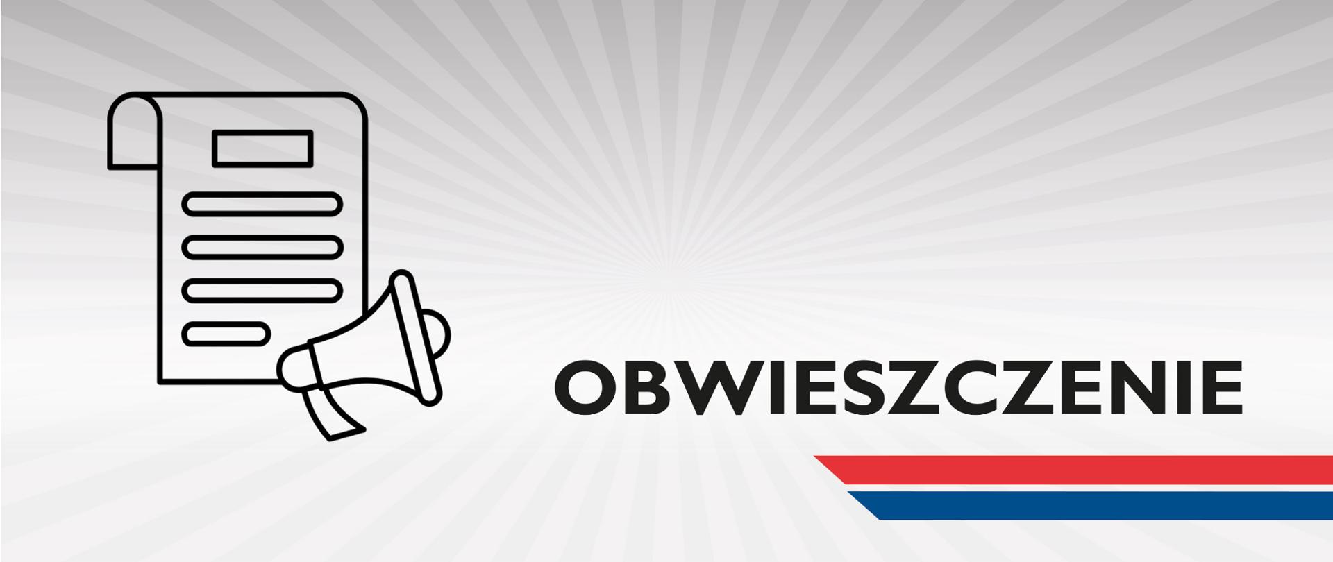 Baner z ikoną dokumentu i megafonu i napisem OBWIESZCZENIE