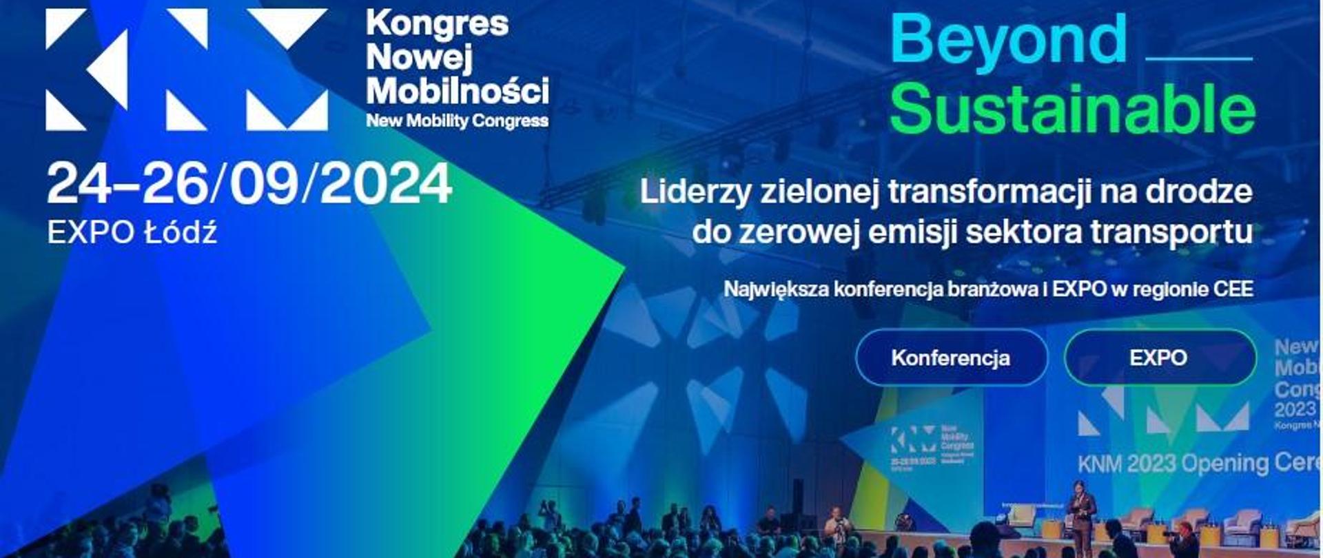 Plakat informacyjno-promocyjny oraz informacja o wydarzeniu Kongres Nowej Mobilności 2024, które odbędzie się w dniach 24-26 września 2024 w Łodzi.