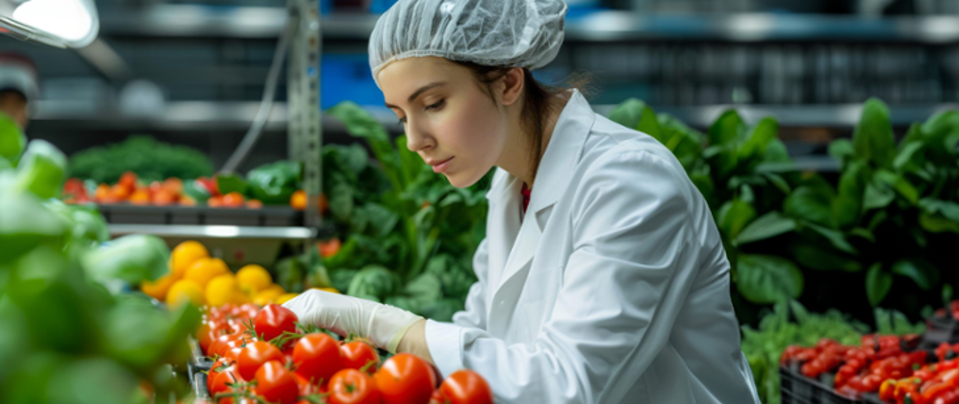 Na zdjęciu kobieta w czepku ochronnym rękawiczkach jednorazowych i fartuchu ochronnym kontrolująca jakość warzyw najprawdopodobniej na hali produkcyjnej.