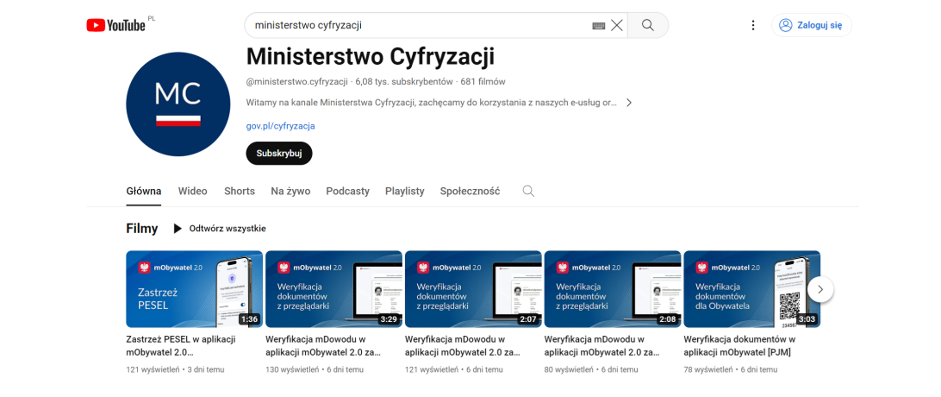 Strona startowa kanału Ministerstwa Cyfryzacji w serwisie YouTube.