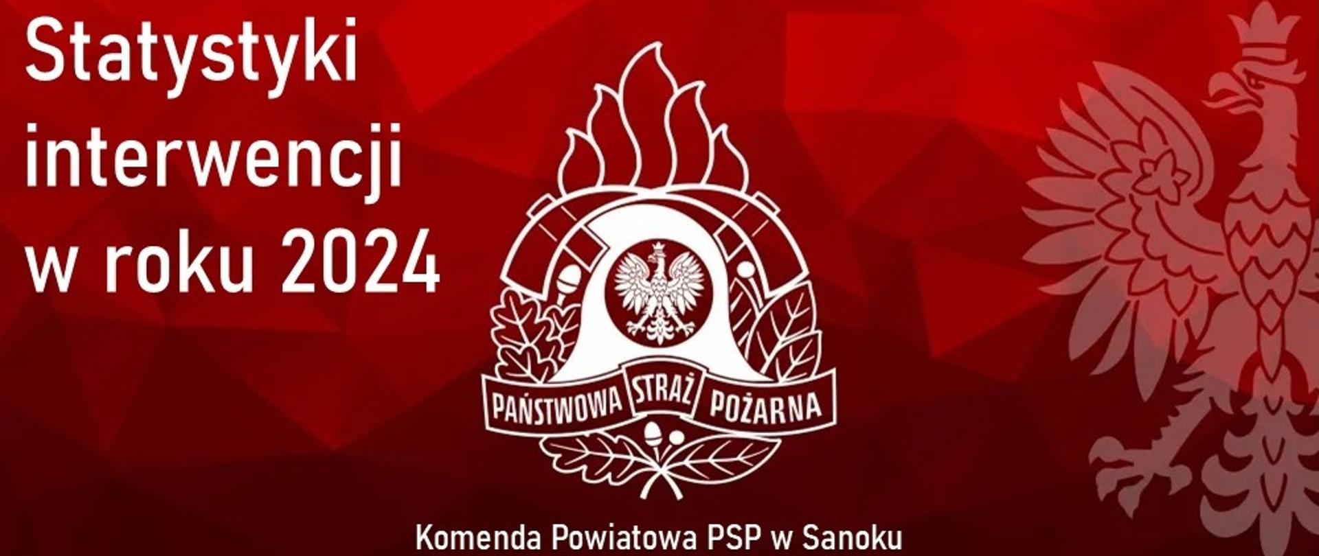 Statystyka - grafika poglądowa - na czerwonym tle białe logo psp oraz białe napisy