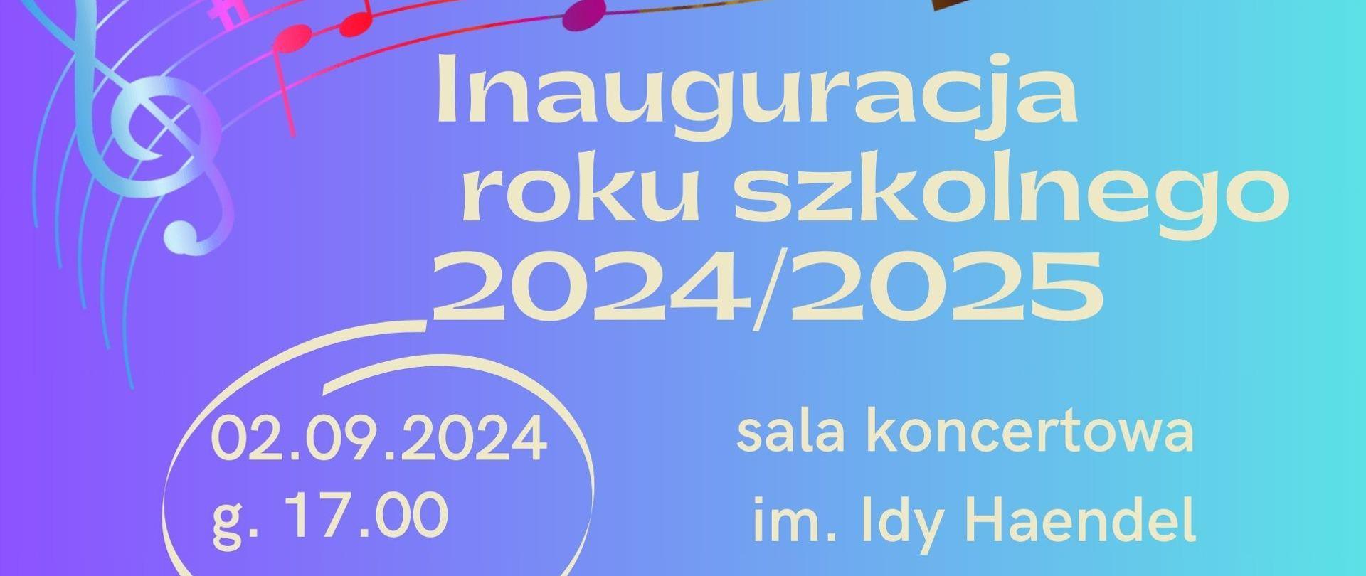 plakat wykonany na jasnym niebieskim tle. Na górze plakatu widać nutki w różnych odcieniach kolorów złoty, niebieski, czerwony. Same napisy wykonane w jasno kremowych odcieniach 