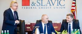 Minister of Economic Development and Technology Piotr Nowak during the meeting with entrepreneurs from American Polonia in the the Polish and Slavic Federal Credit Union, on his right-hand side sits Deputy Prime Minister, Minister of State Assets Jacek Sasin