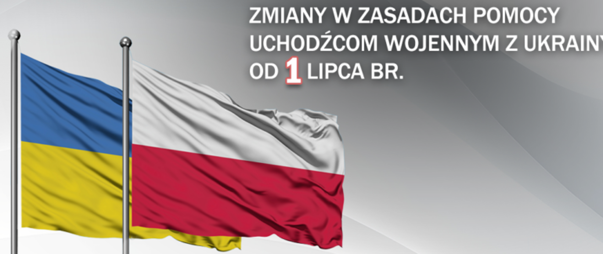 Flaga polska i ukraińska w tle oraz napis Zmiany w zasadach pomocy uchodźcom wojennym z Ukrainy od 1 lipca br. 