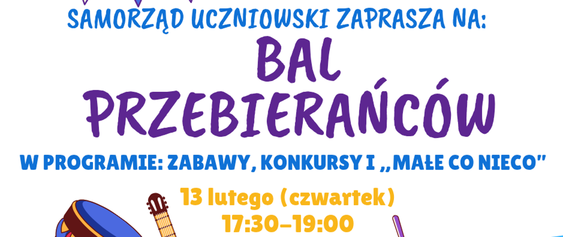 informacja o balu, w tle instrumenty muzyczne