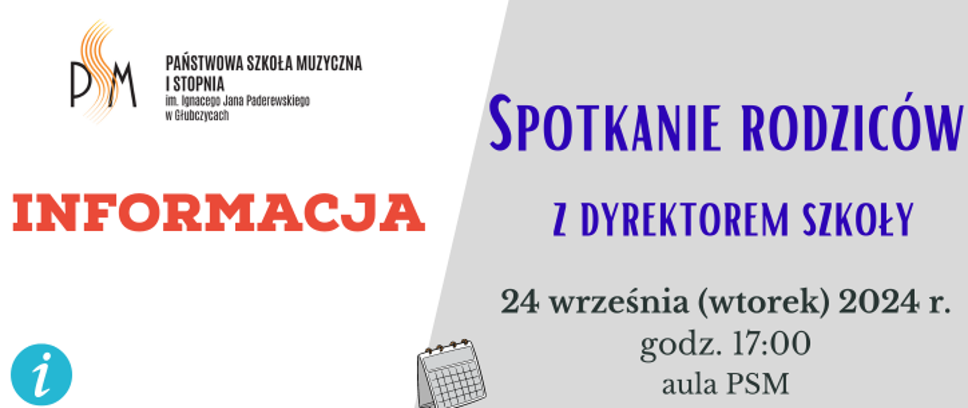 Informacja - Spotkanie Rodziców z Dyrektorem Szkoły 24 września 17:00. Baner z logiem szkoły w prawym górnym rogu.