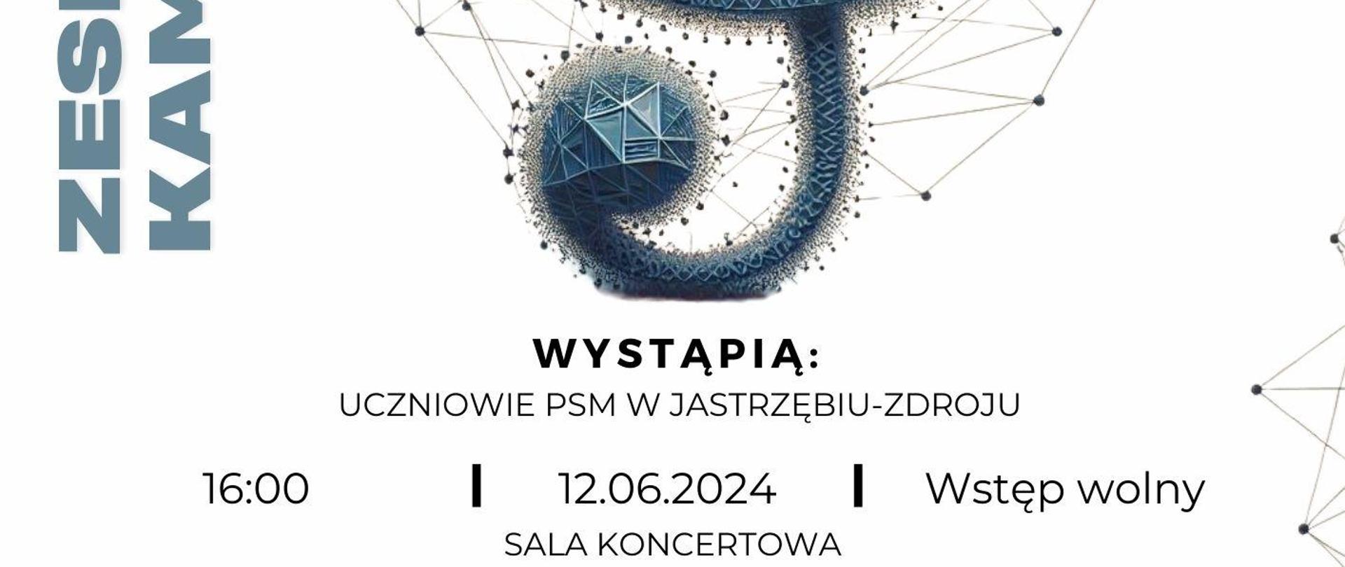 Plakat informacyjny dotyczący Koncertu zespołów kameralnych odbywającego się w dniu 12.06.2024 o godz. 16.00.