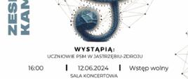 Plakat informacyjny dotyczący Koncertu zespołów kameralnych odbywającego się w dniu 12.06.2024 o godz. 16.00.