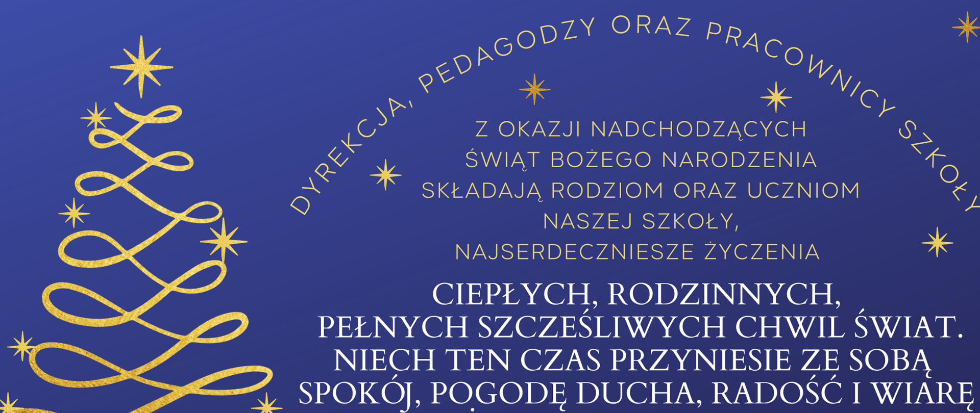 Granatowy plakat, złota choinka, białe napisy z życzeniami