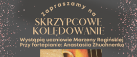 Plakat jest w kolorze jasno brązowym. Na środku znajduje się zdjęcie skrzypiec. Bezpośrednio nad nim tekst pisany beżową czcionką. Po bokach są jasno różowe małe kropeczki. 