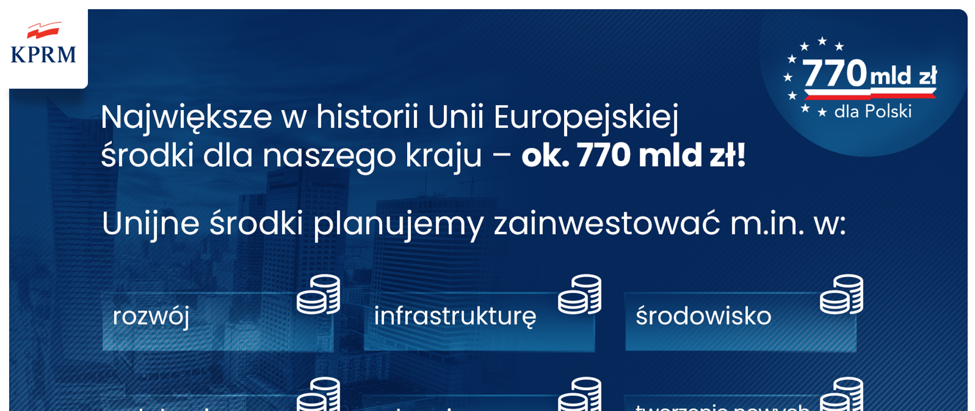 Na niebieskiej grafice napis: Największe w historii Unii Europejskiej środki dla naszego kraju - ok 770 mld zł. 