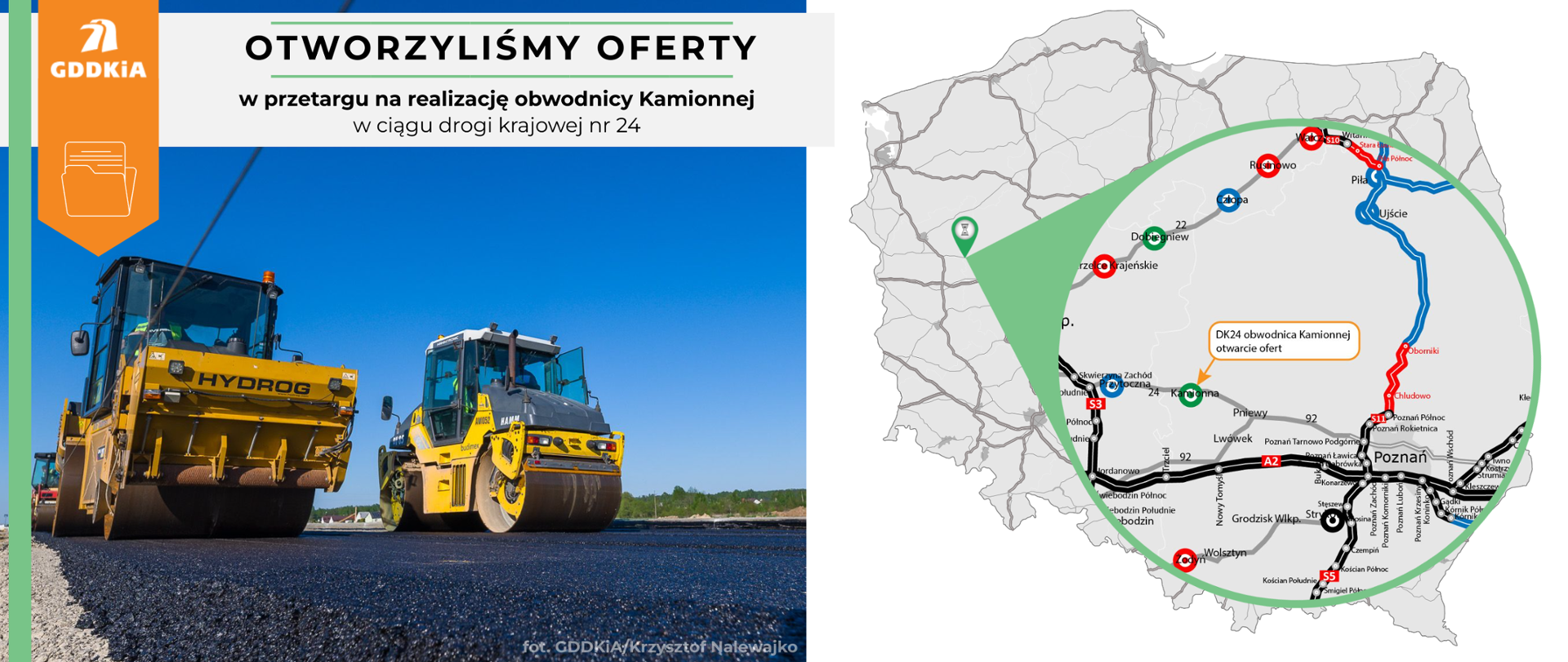 Grafika informująca o otwarciu ofert w przetargu na realizację obwodnicy Kamionnej w ciągu drogi krajowej nr 24. Po lewej stronie widoczne są dwa walce drogowe, które pracują na nowo budowanej drodze. W tle można dostrzec niebieskie niebo. Po prawej stronie obrazu znajduje się mapa Polski z zaznaczonym fragmentem drogi krajowej nr 24 oraz lokalizacją Kamionnej.