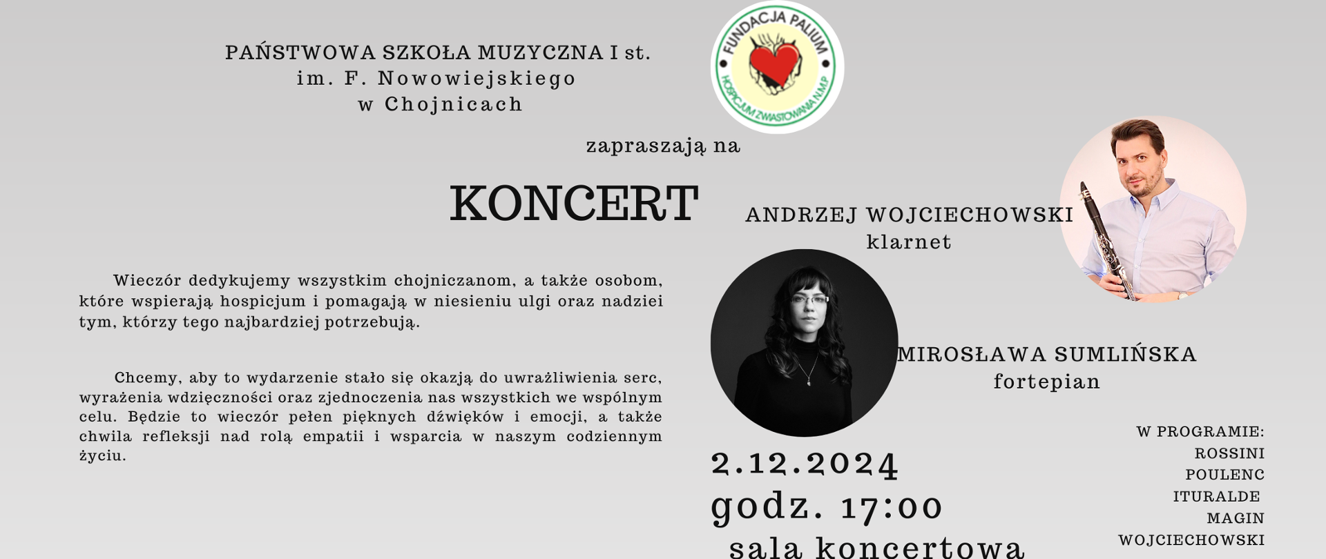 Zdjęcie przedstawia plakat zapraszający na koncert duetu klarnet-fortepian w dn. 2.12.2024 o godz. 17:00. Będzie to wydarzenie dedykowane osobom zaangażowanym w funkcjonowanie hospicjum.