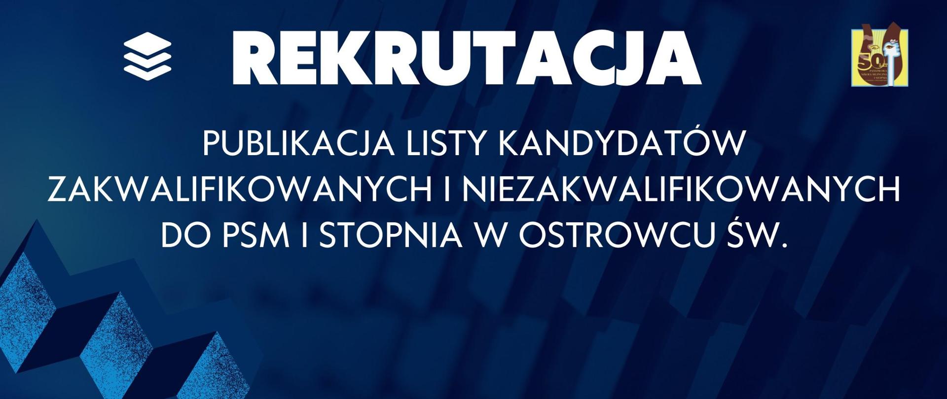 napisy w kolorze białym na tle w kolorze niebieskim, z logiem szkoły po lewej stronie