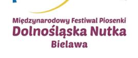 Na białym tle tekst w kolorze fioletowym "Międzynarodowy Festiwal Piosenki Dolnośląska Nutka Bielawa".