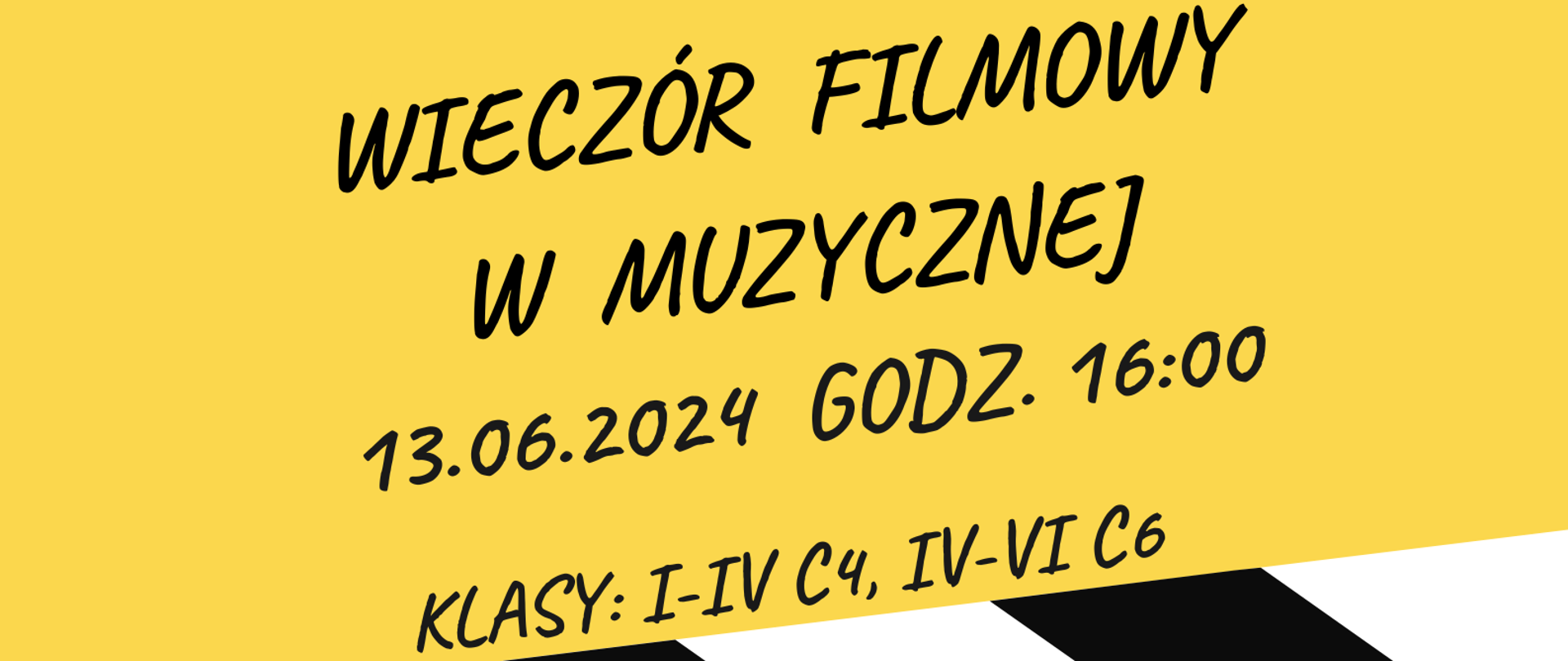 Plakat na czarno-biało-żółtym tle, na środku grafika z pudełkiem popcornu i okularami do oglądania filmów 3D informujący o wieczorku filmowym w szkole muzycznej